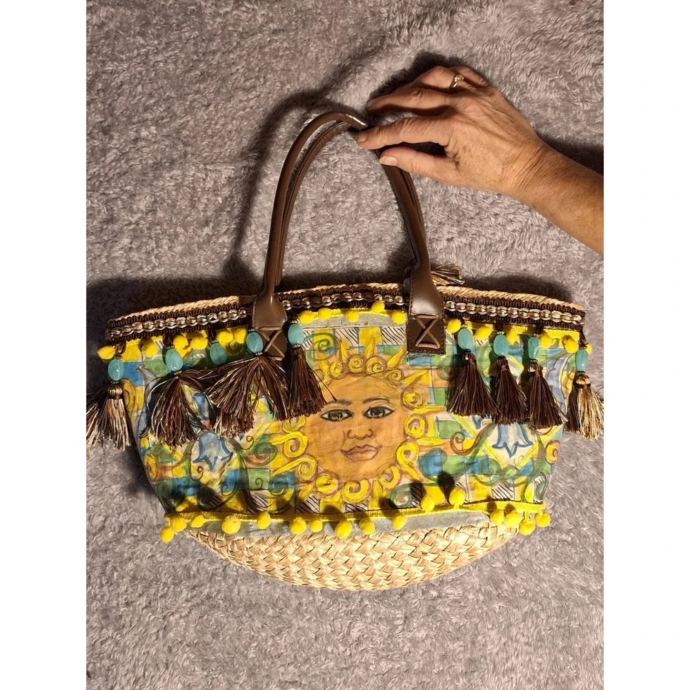 Sicilian Coffa Straw Tote Bag Sun Face Tassels PomPom Beach Vacation Handmade - Picture 1 of 11